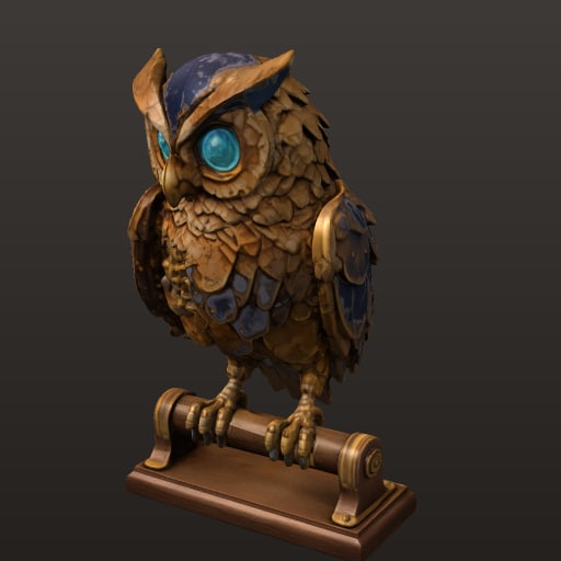 s12_hibou_mecanique_cuivre_aux_yeux_cyan_decor_40k_jeu — Prop
