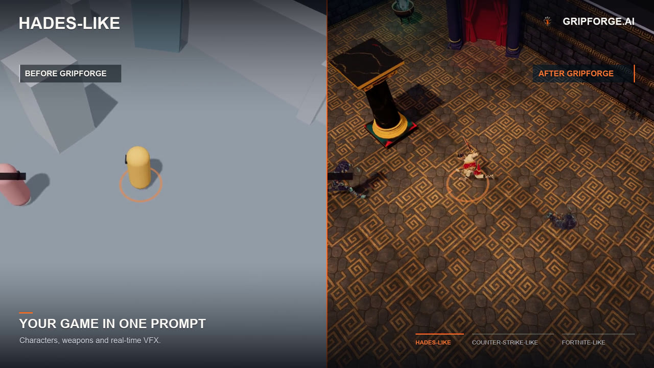 Before and after: a grey prototype becomes a detailed action game